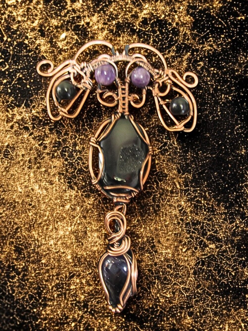 Handmade Wire wrapped Statement Necklace w/ Amethyst, Obsidian Druzy, Copper - Picture 2 of 8